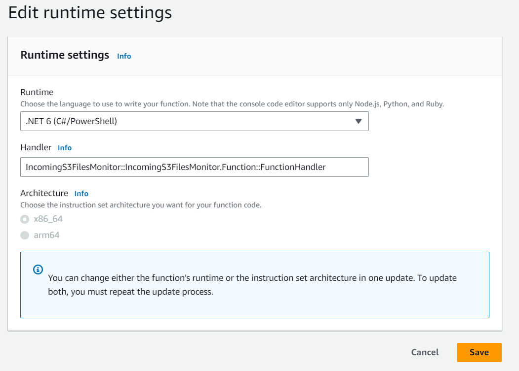 Runtime settings form, editing the Handler field with the value IncomingS3FilesMonitor::IncomingS3FilesMonitor.Function::FunctionHandler