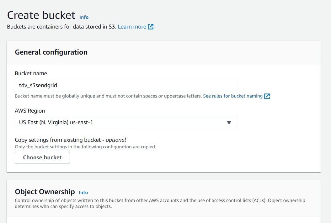 Form for creating a bucket in S3, indicating a unique name for the bucket and the AWS Region where it will be created.