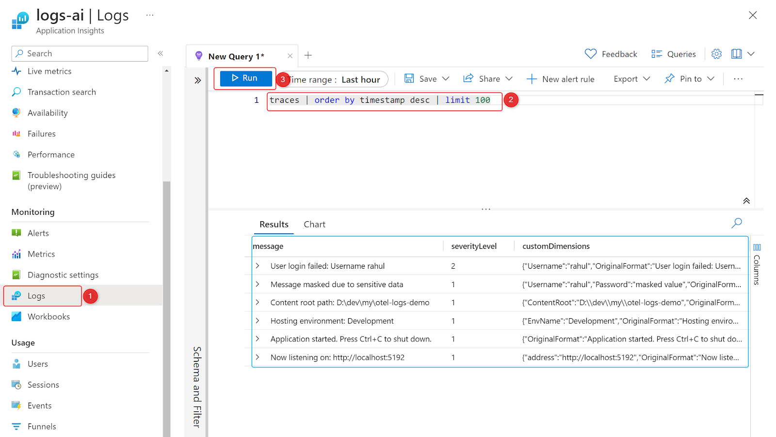 Logs from the application displayed in the Log Analytics service on Azure portal.