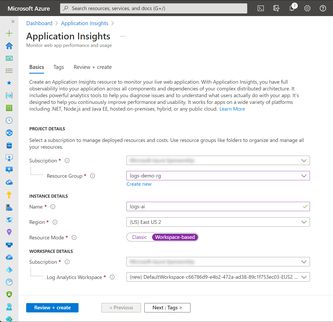 Azure Application Insights setup wizard