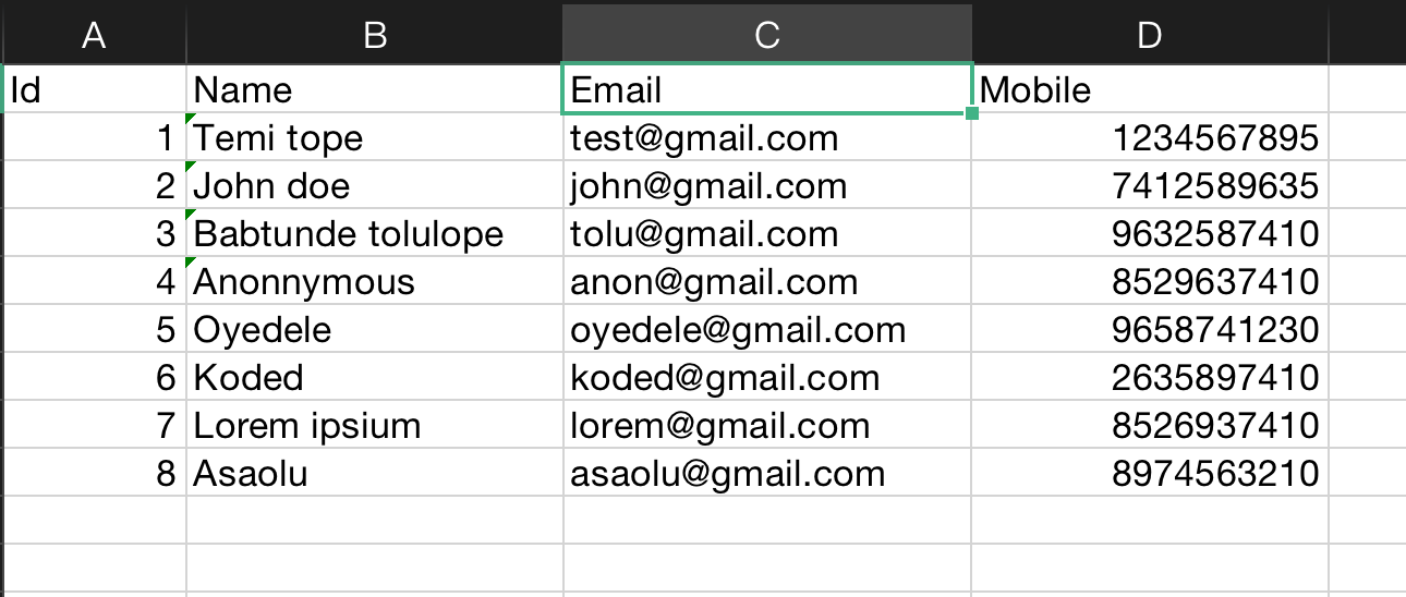 A CSV file showing all of the data downloaded from the Workers table.