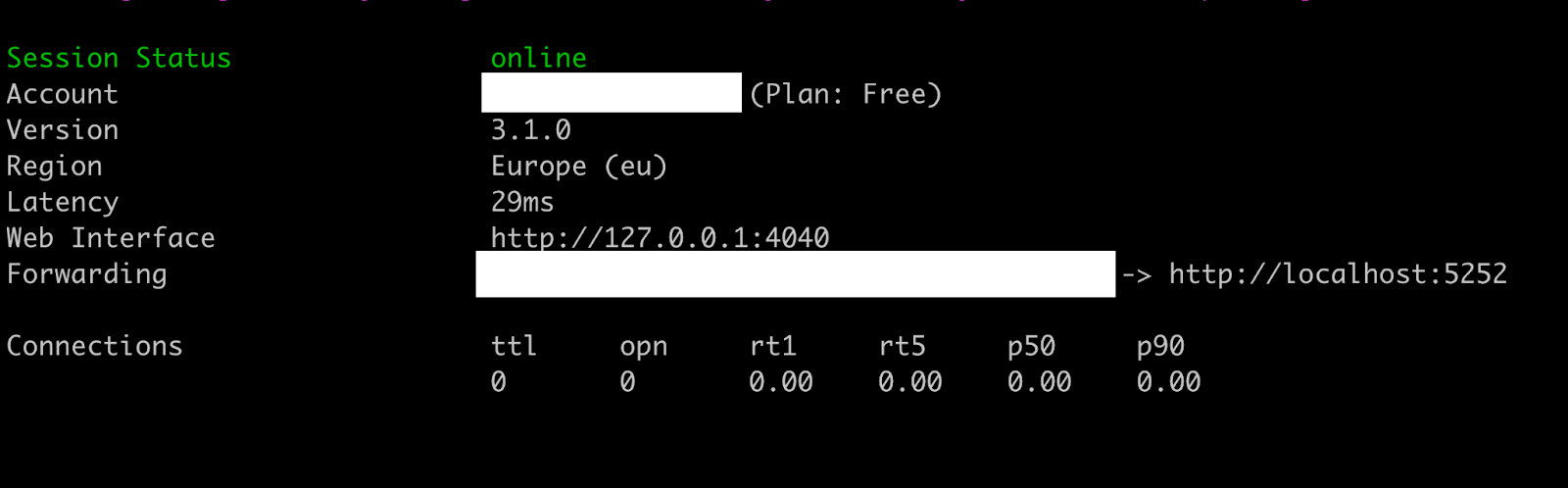 Terminal window showing ngrok running and forwarding traffic to http://localhost:5252