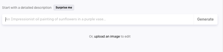 DALL-E 2 front-end showing an input box, Surprise me link on top of the input and a Generate button next to the input