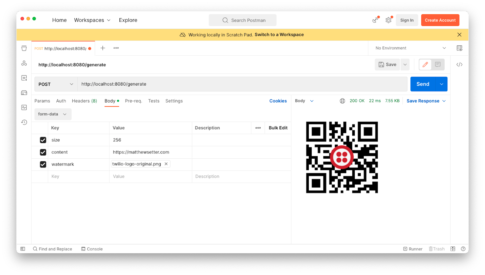 A successful POST request using Postman showing the generated QR code overlayed with the Twilio logo at the bottom of the window.