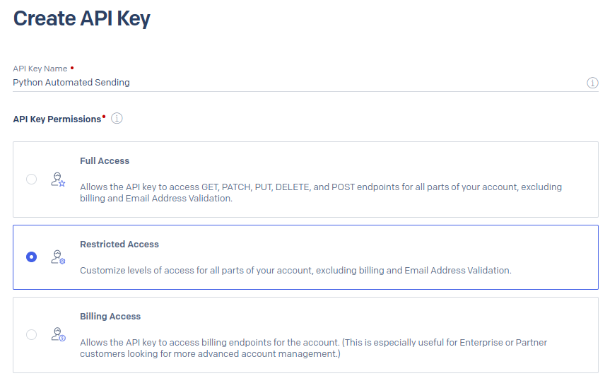 SendGrid API Key Permissions dialog box