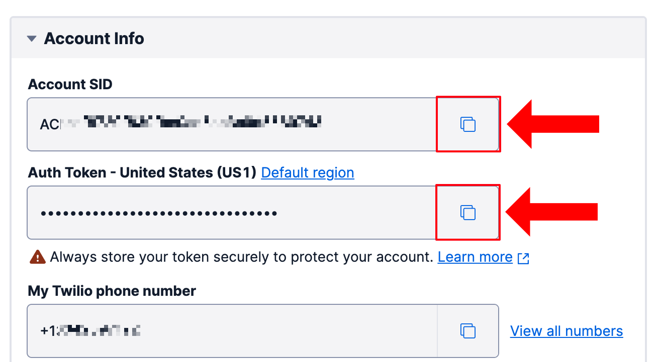 Twilio Account Info showing the Account SID and Auth Token.