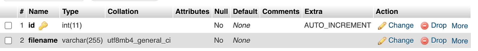 Database table Created for file storage in CakePHP using migrations.