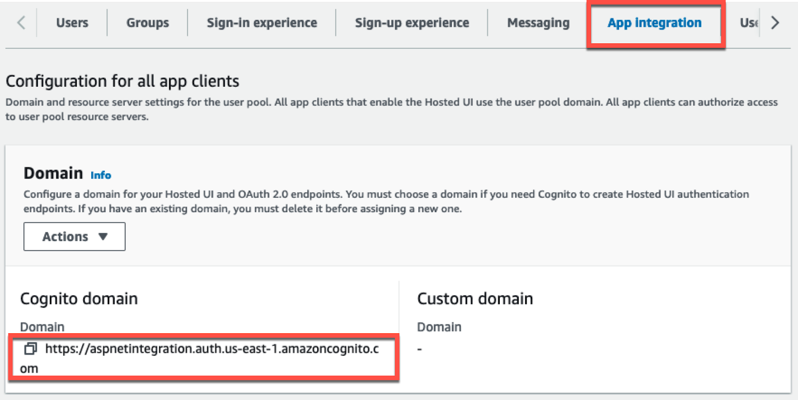 Record the domain name for the Cognito hosted IU. 