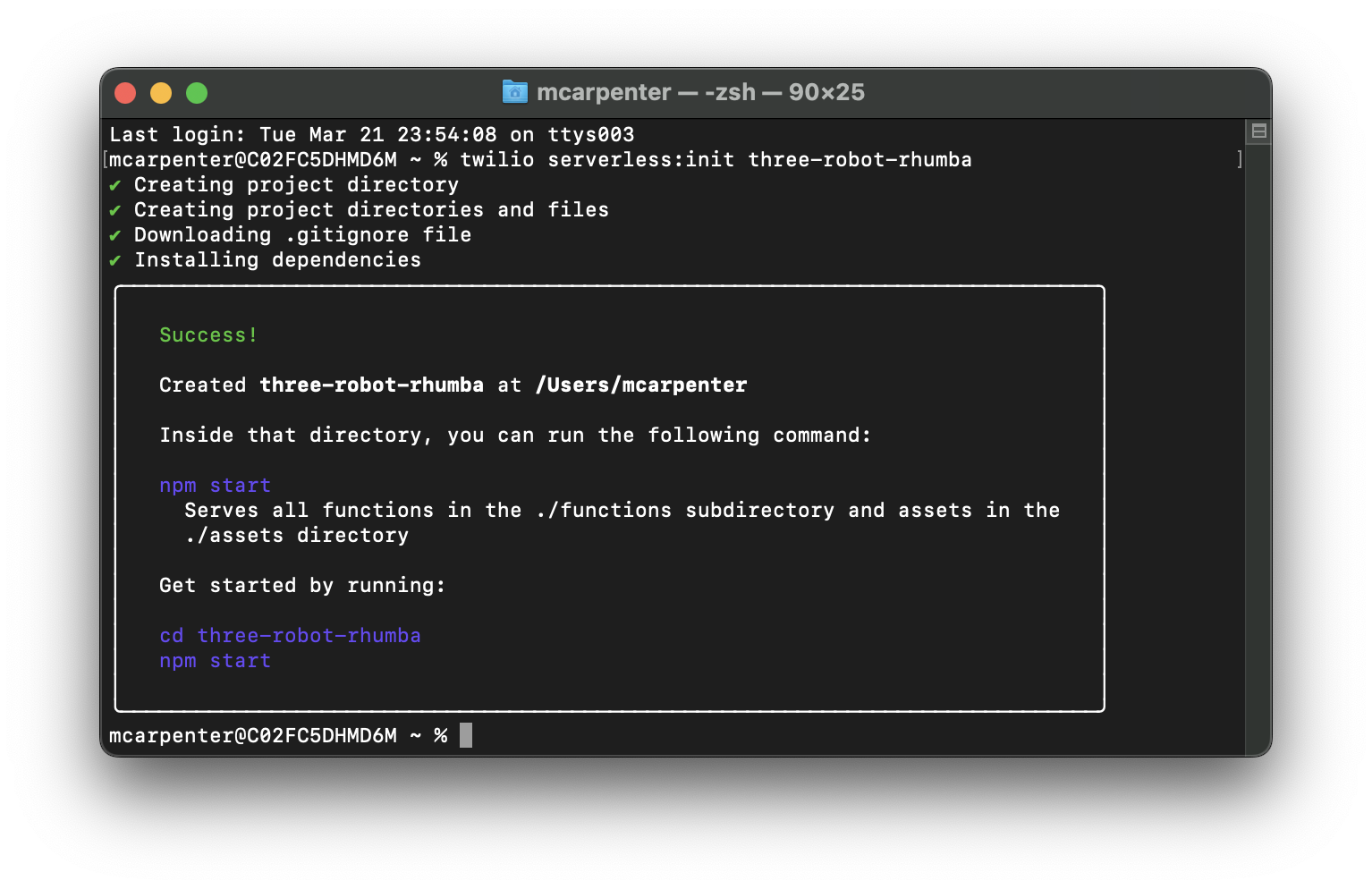 Ventana de terminal mostrando la inicialización de un proyecto sin servidor de Twilio.