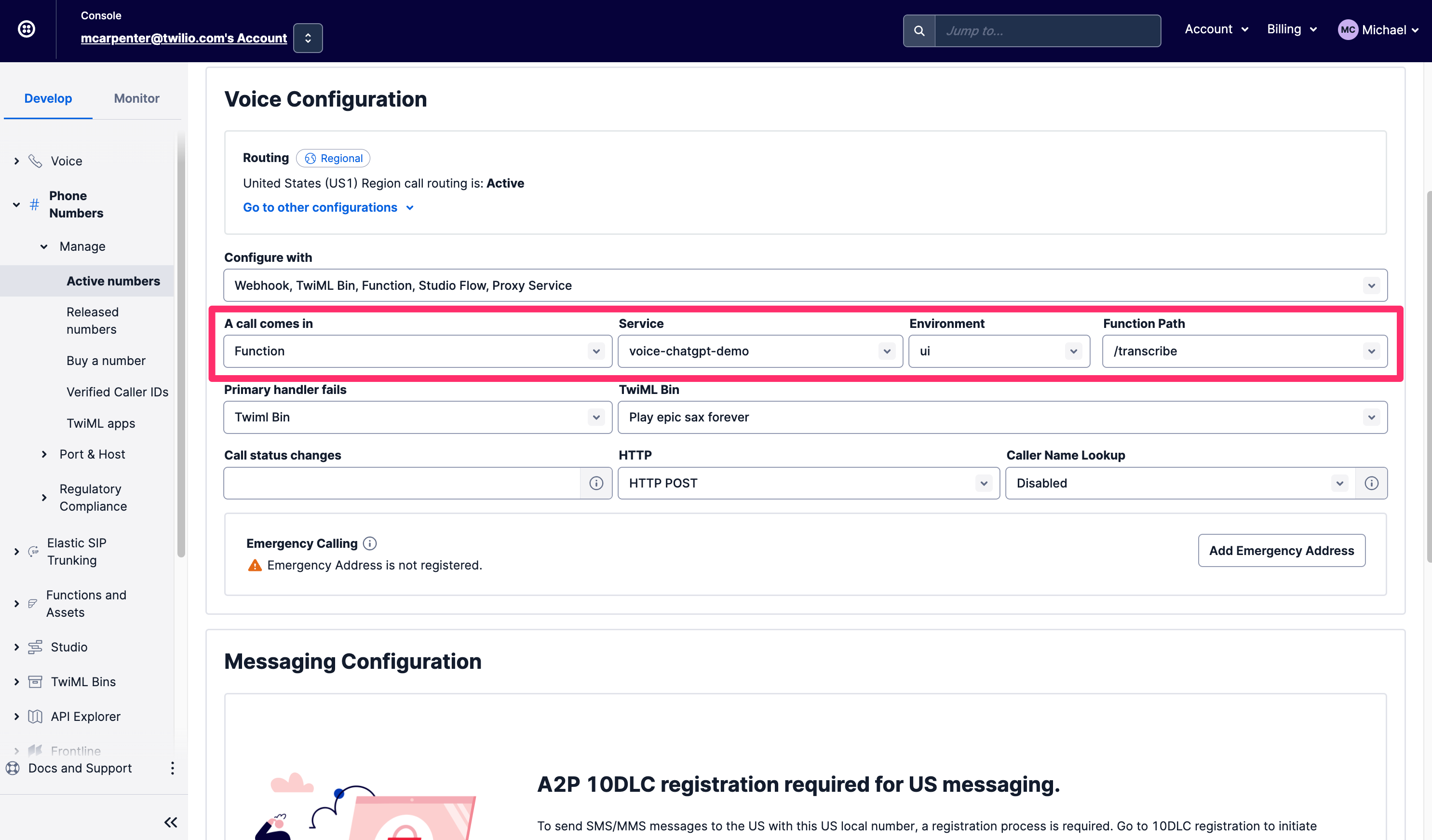 Configuración del número de teléfono de la demostración de ChatGPT de Twilio Voice