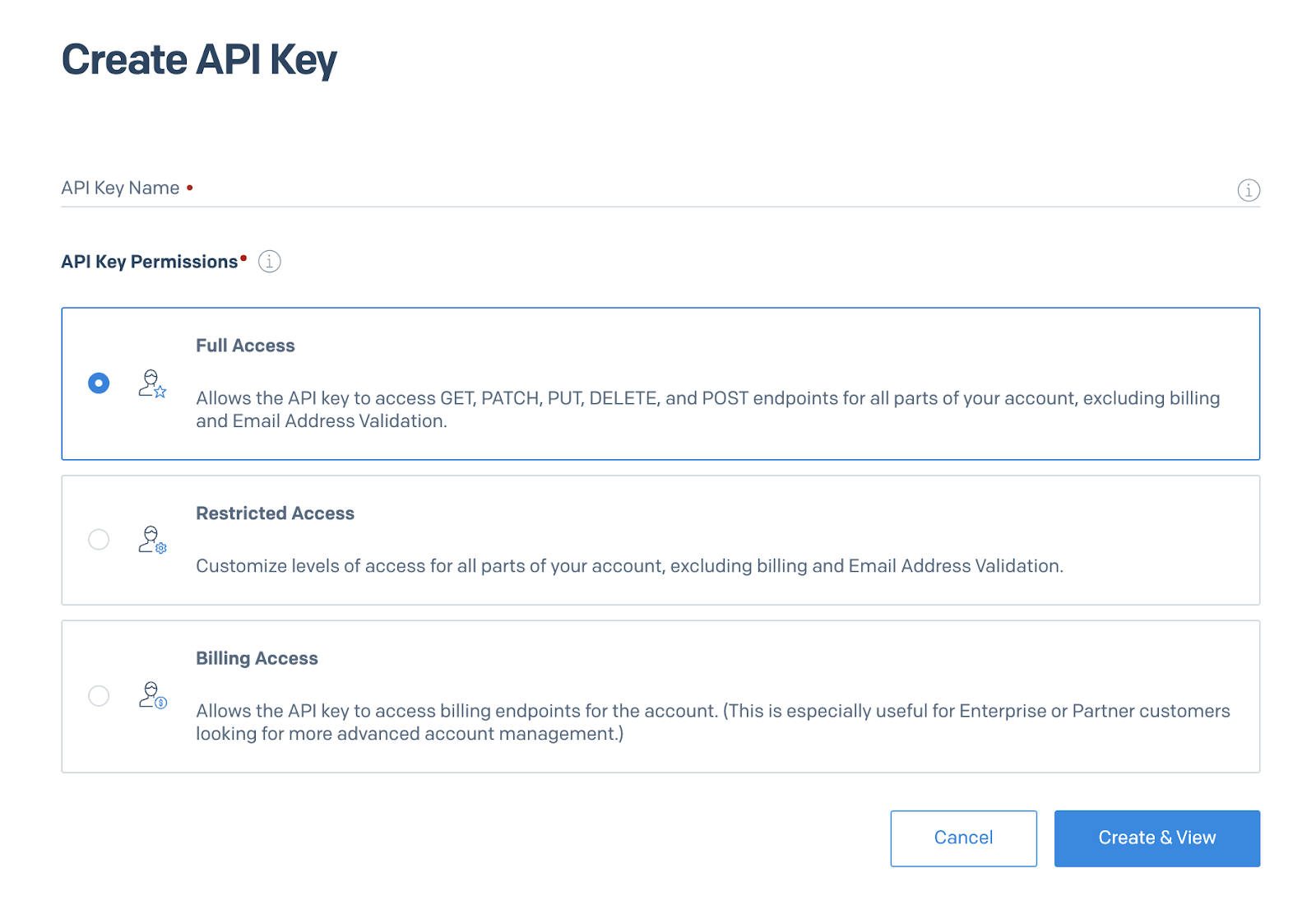 SendGrid"s "Create API Key" screen