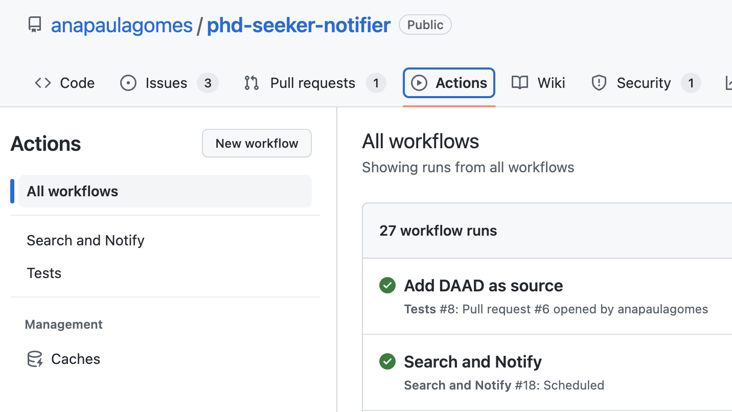 GitHub Actions tab in the phd-seeker-notifier repository