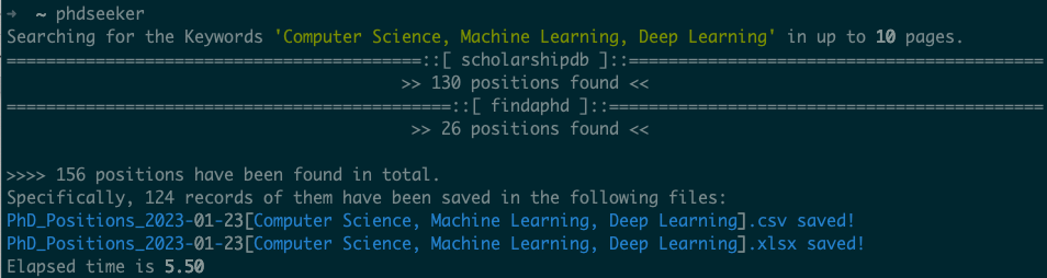 Screenshot of phdseeker running with default parameters