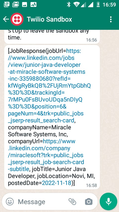 Screenshot of whatsapp message from twilio sandbox number