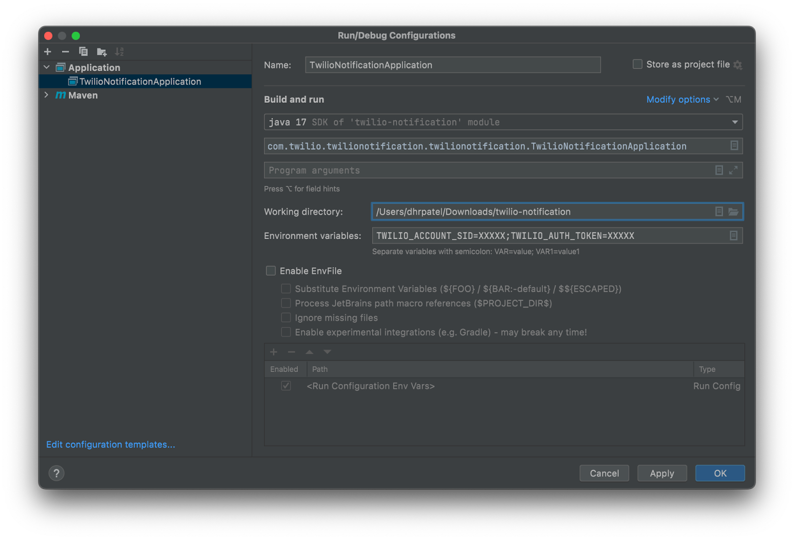 Run configuration box of IntelliJ IDE