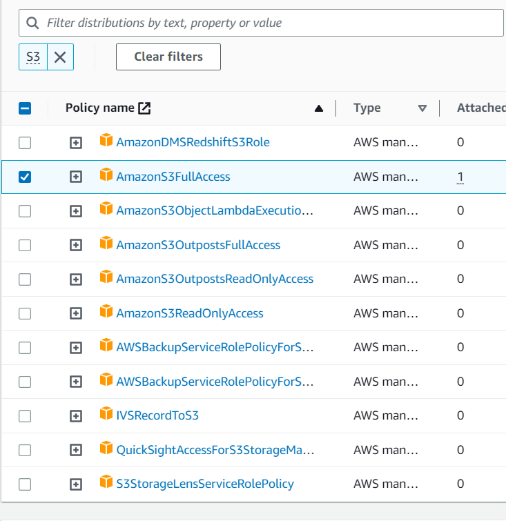 Choose and Attach S3 policy