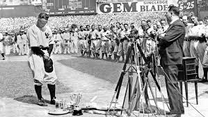 lou gehrig farewell speaking in front of camera on field yankees