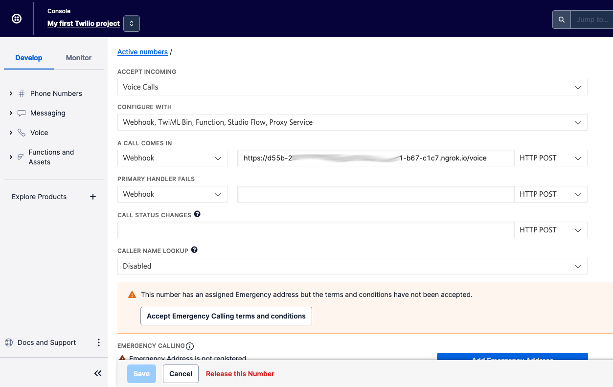 The voice form on the Twilio phone number configuration page. Under the label "A CALL COMES IN", there&#x27;s a dropdown set to "Webhook", with a text field next to it, set to the public webhook URL, with another dropdown next to it, which is set to "HTTP POST".