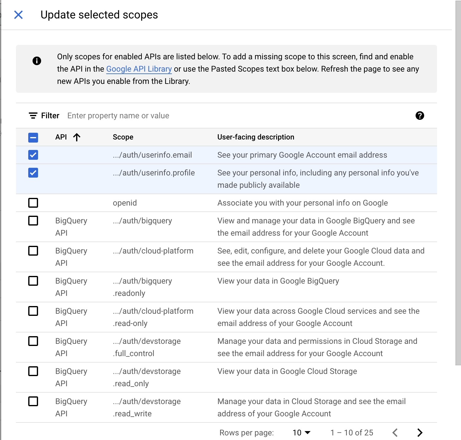 Choosing selected scopes for a new project in Google Cloud