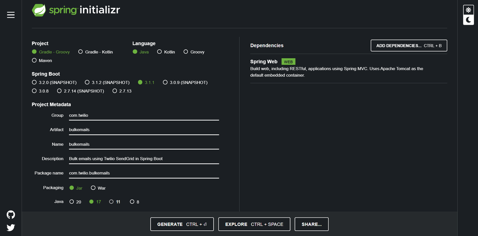 Screenshot of Spring Initializr with filled out fields