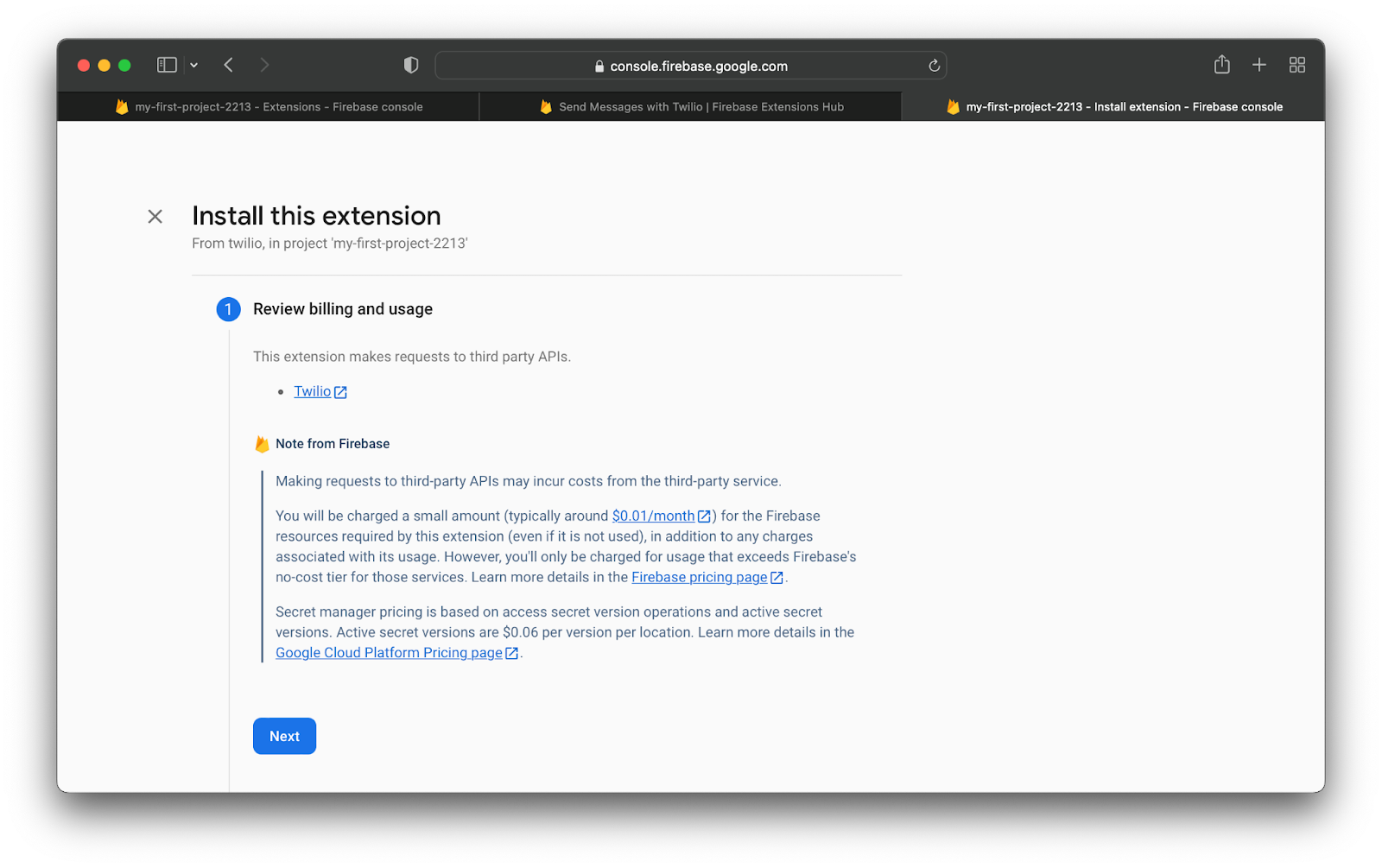 billing and usage details in firebase installation process