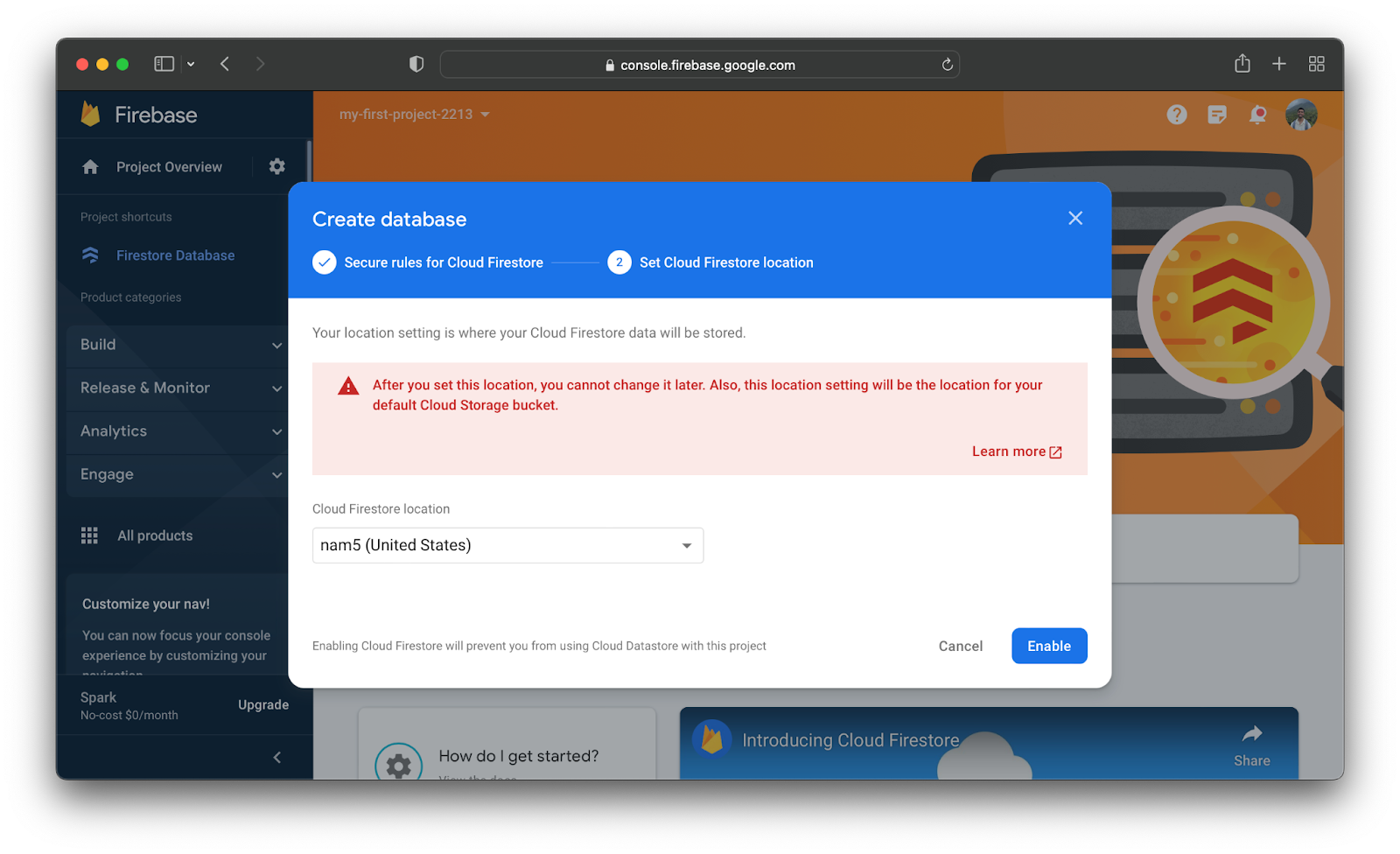 cloud firestore location section during firestore creation process