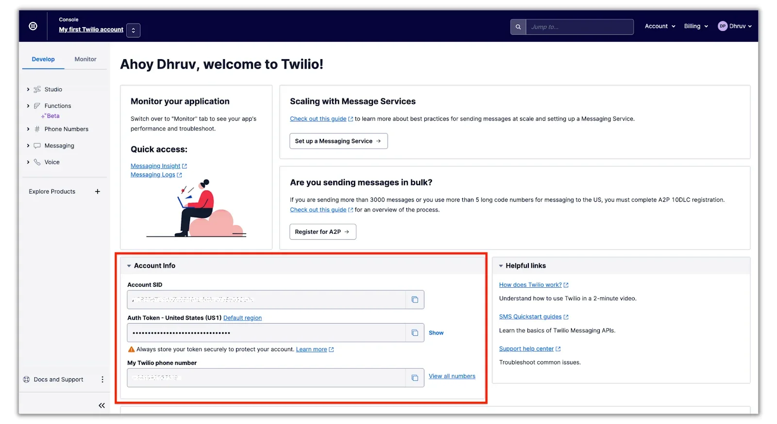 Twilio console showing account SID and Auth Token