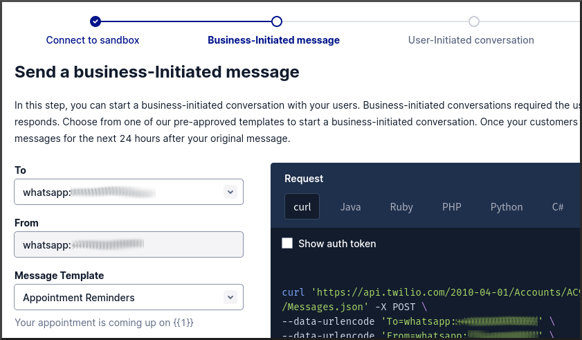 Connected to the Twilio WhatsApp Sandbox