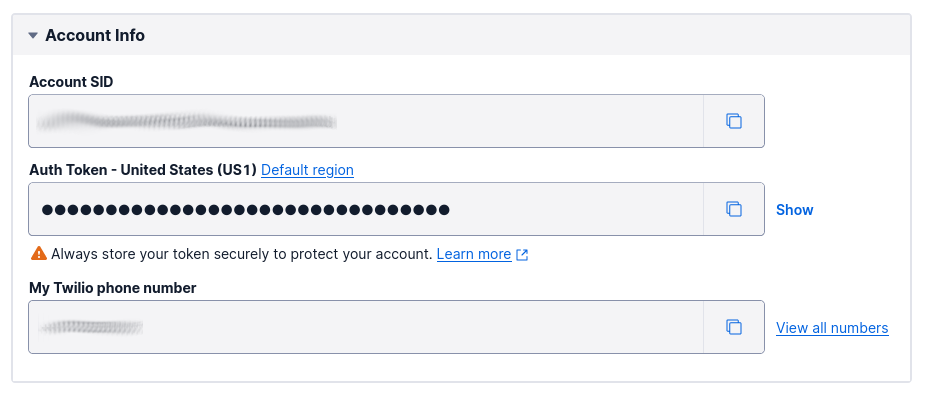 Twilio Console Account Info panel