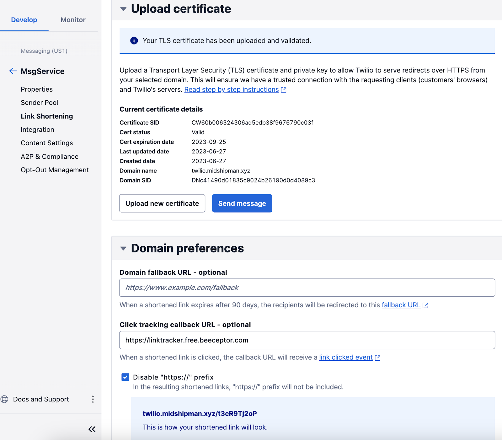 Click tracking settings for testing in Beepceptor