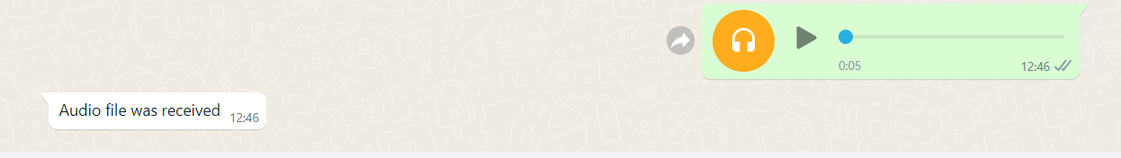 WhatsApp conversation where an audio message was sent, and the response says "Audio file was received".