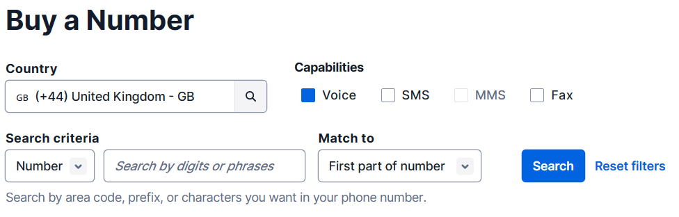 Twilio buy a number form