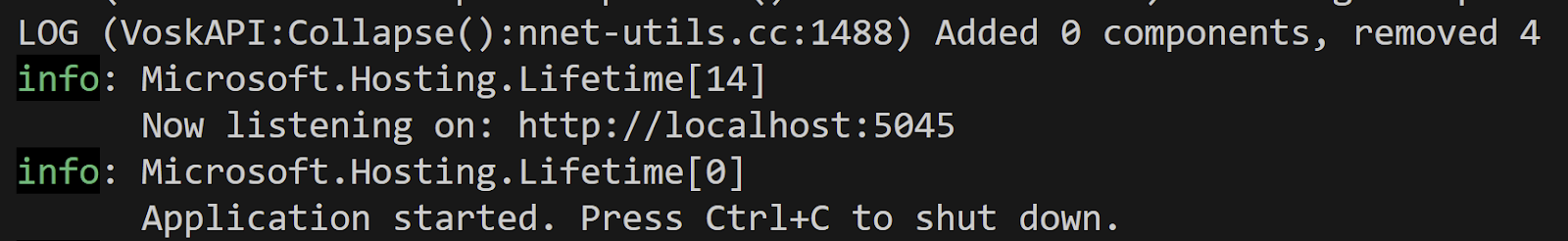 Output of dotnet run command showing which port the server is listening on