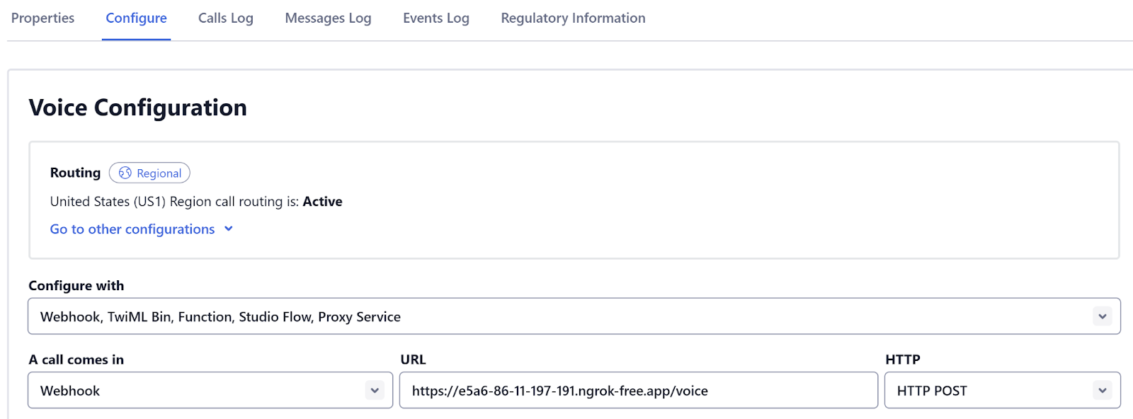 Twilio phone number "configure" tab, showing the webhook URL and HTTP method filled in correctly