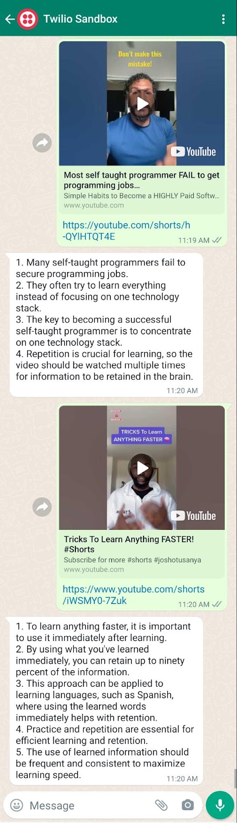 Demo showing whatsapp service in use and summarizing a video link