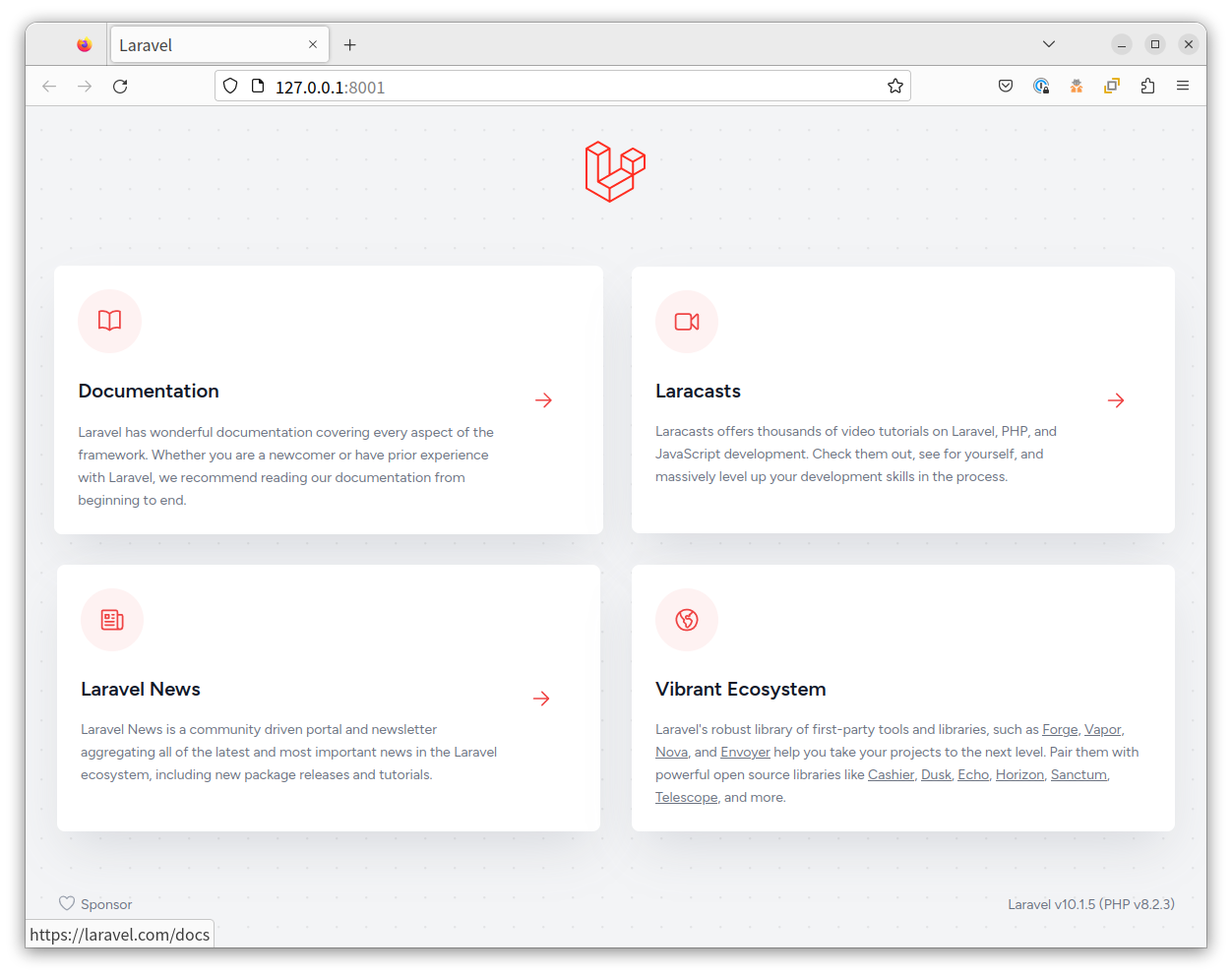 The default Laravel route after scaffolding a Laravel application being displayed in Firefox