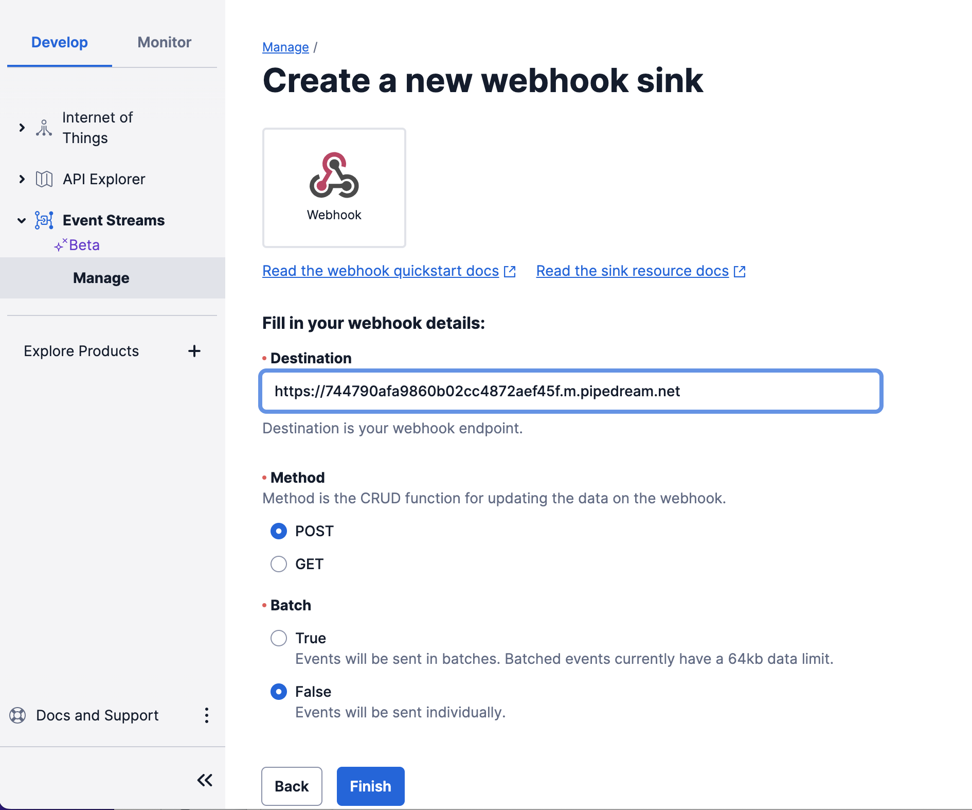 Create a new webhook sink