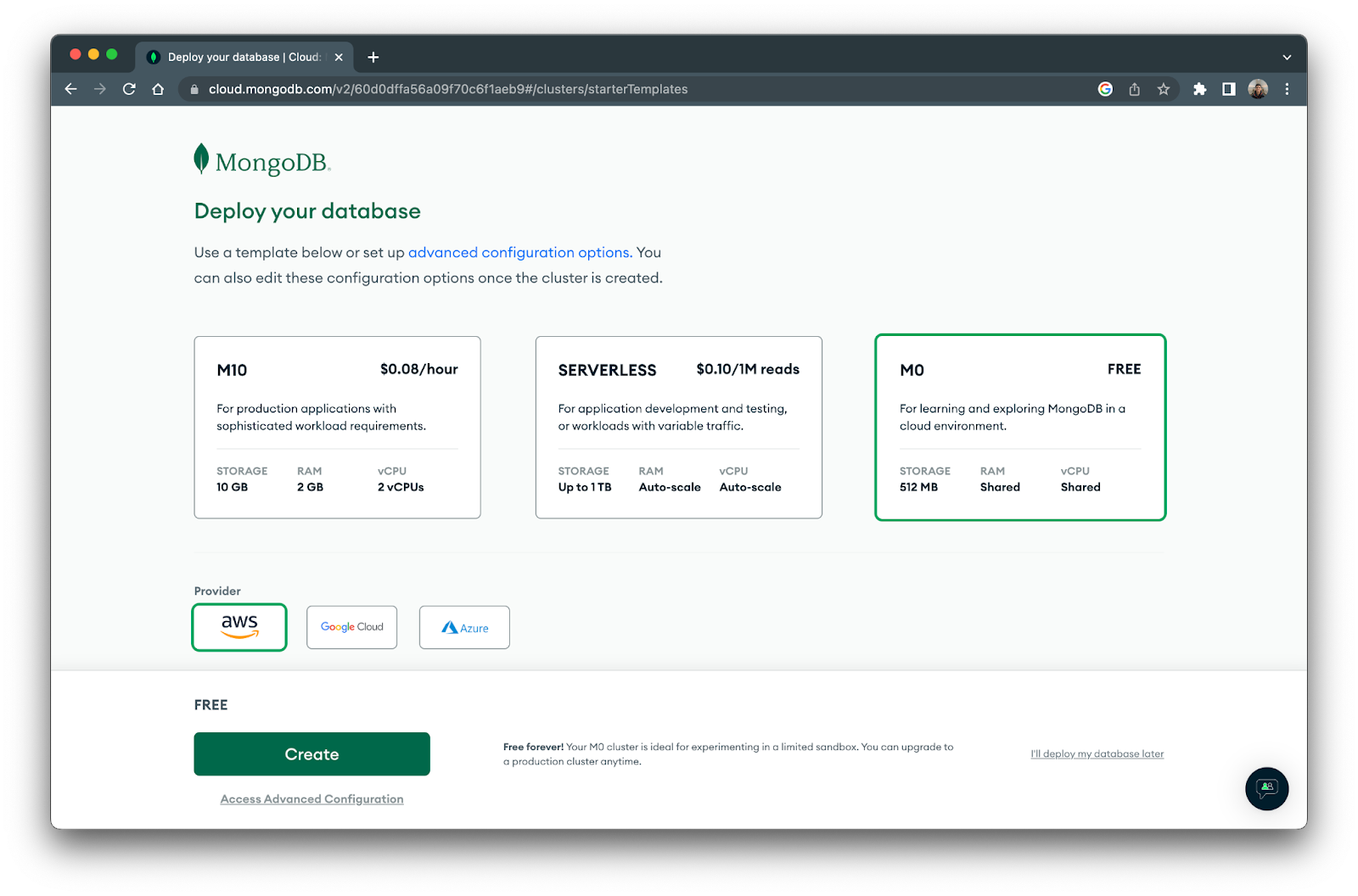 Deployment configuration section on MongoDB