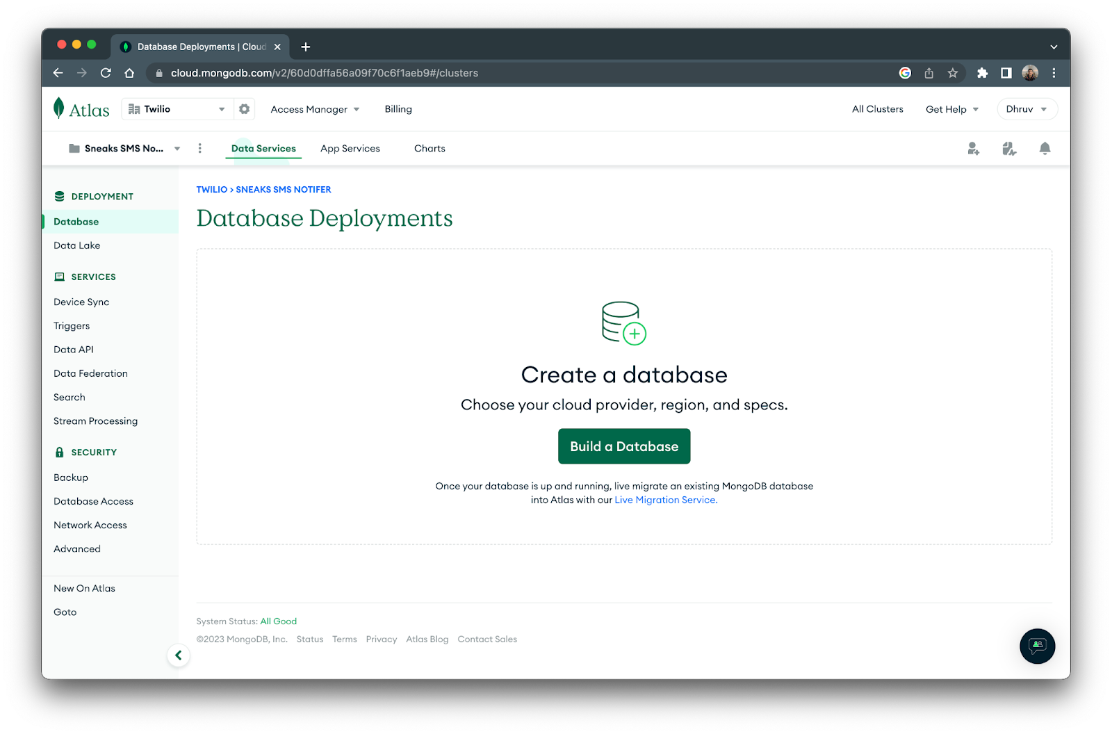 Database deployments section of MongoDB