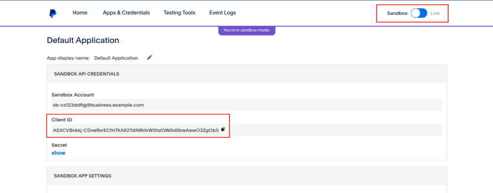 Copying a Paypal Sandbox Application Client ID