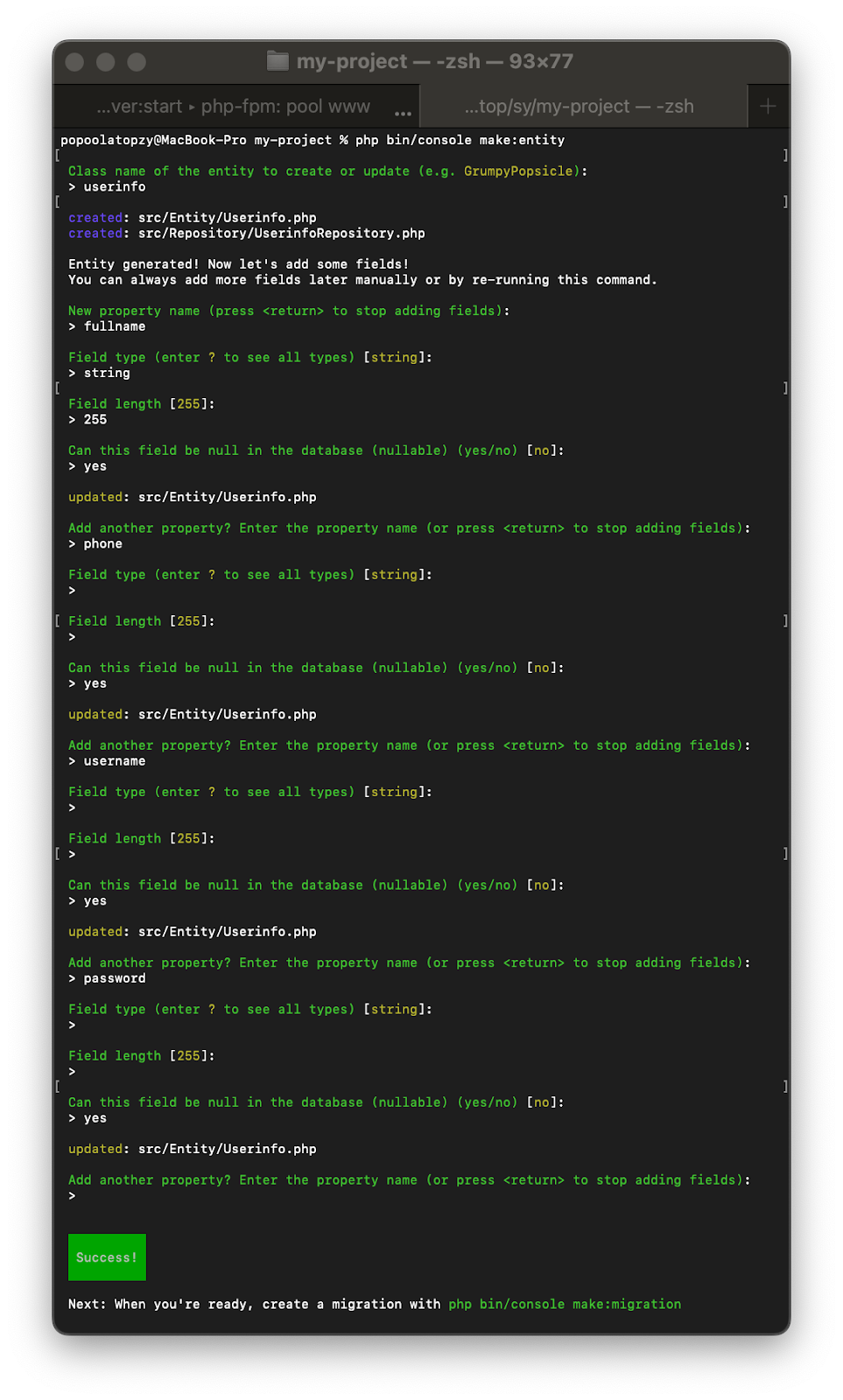 Bootstrapping a new Symfony Entity in the macOS terminal with the make:entity command from the Symfony console.