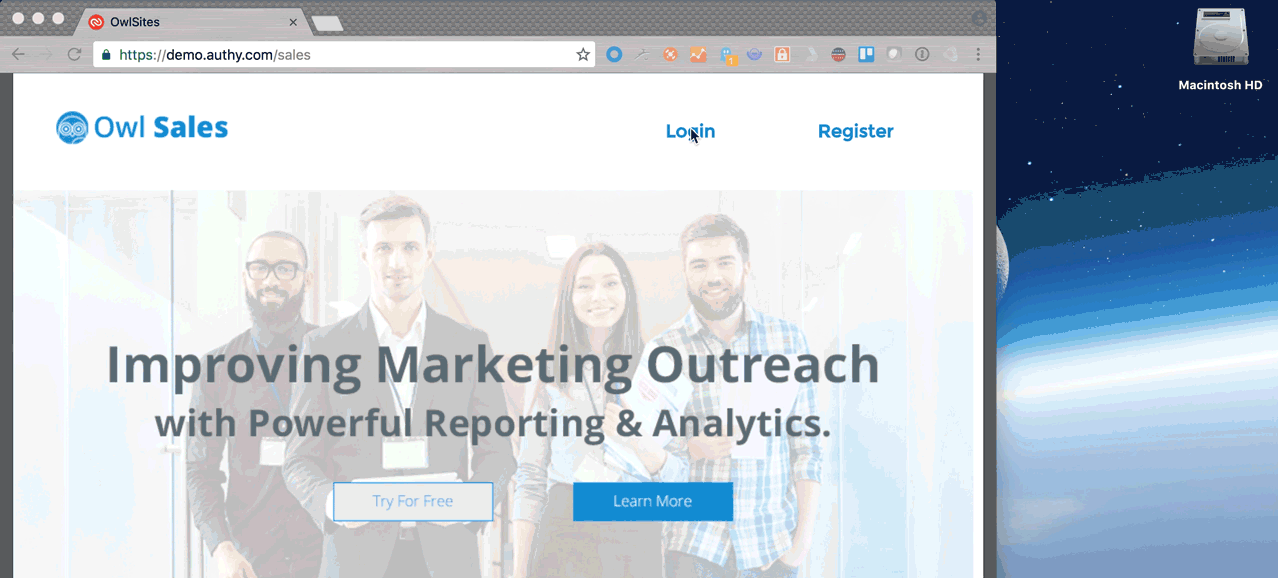 Owl Sales webpage with options to login, register, and learn more about marketing outreach and analytics.