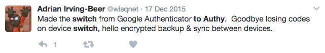 User Tweet on Switching Authentication Apps Tweet discussing switching from Google Authenticator to Authy on December 17, 2015