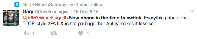 Tweet Criticizing TOTP 2FA UX Twitter conversation about switching to a new phone and discussing TOTP 2FA UX and Authy app.