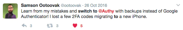 Tweet Advising on 2FA Backup Solutions A tweet suggesting using Authy instead of Google Authenticator for 2FA backup with iPhone migration issue.