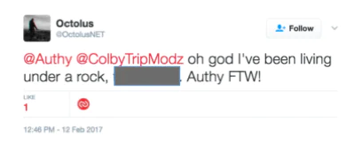 Tweet praising Authy for their service Tweet from OctolusNET, dated February 12, 2017, praising Authy and expressing surprise about learning about the service.