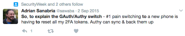 Tweet by Adrian Sanabria about GAuth/Authy Switch Adrian Sanabria tweets about the challenges of switching to a new phone and the benefits of Authy for 2FA tokens.