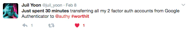 Tweet about Transferring 2FA Accounts Screenshot of a tweet by user Juill Yoon about transferring 2FA accounts from Google Authenticator to Authy.