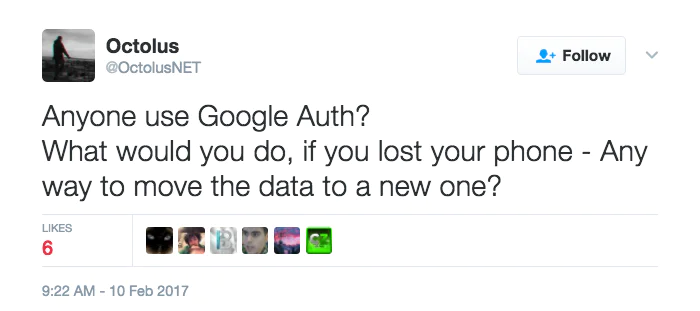 Inquiry About Google Authenticator Data Recovery Tweet asking about transferring Google Authenticator data to a new phone.