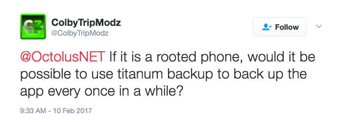 Twitter Inquiry About Backing Up Apps on Rooted Phones Tweet asking if titanium backup can be used on a rooted phone to back up an app.